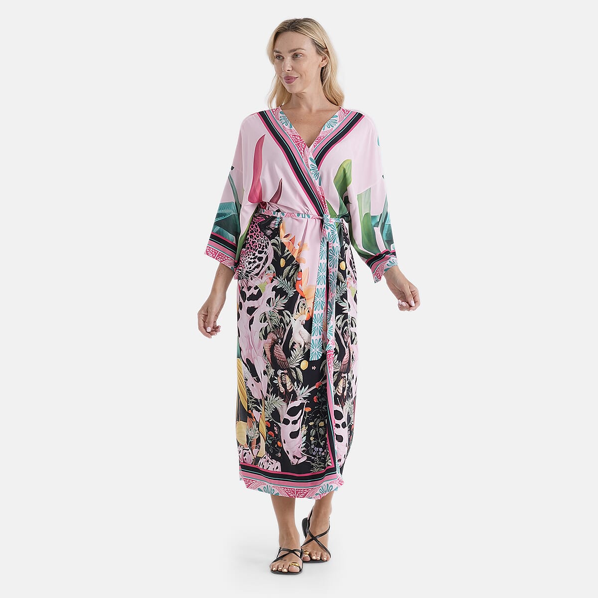LA MAREY Pink Leaf Placement Print Kimono - One Size Fit Most image number 4