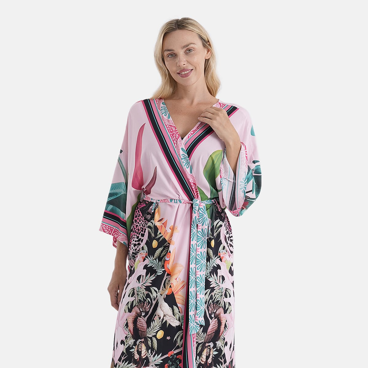 LA MAREY Pink Leaf Placement Print Kimono - One Size Fit Most image number 5