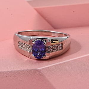 D'Joy Premium Tanzanite and White Zircon 1.15 ctw Men's Ring in Rhodium Over Sterling Silver (Size 10.0)