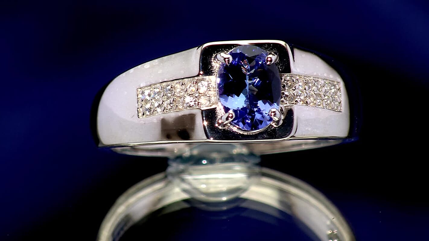 D'Joy Premium Tanzanite, White Zircon Men's Ring in Rhodium Over Sterling Silver (Size 10.0) 1.15 ctw