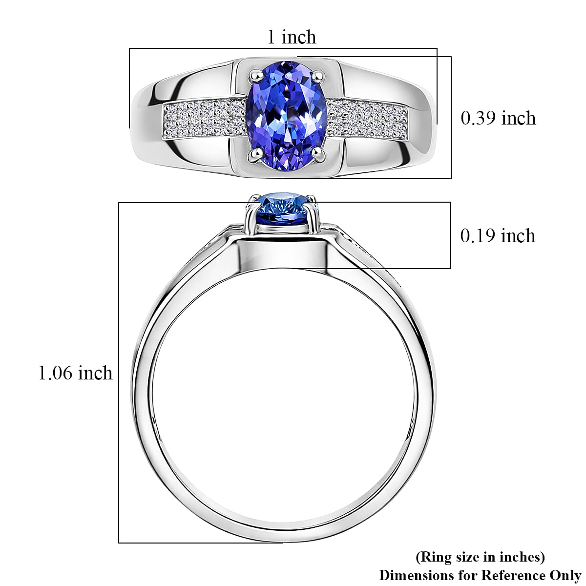D'Joy Premium Tanzanite, White Zircon Men's Ring in Rhodium Over Sterling Silver (Size 10.0) 1.15 ctw image number 4