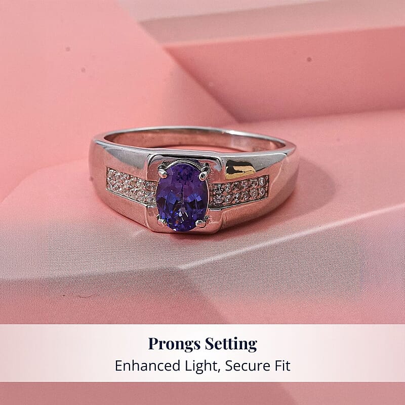 D'Joy Premium Tanzanite and White Zircon 1.15 ctw Men's Ring in Rhodium Over Sterling Silver (Size 11.0)
