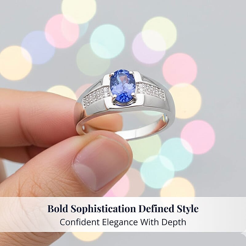 D'Joy Premium Tanzanite and White Zircon 1.15 ctw Men's Ring in Rhodium Over Sterling Silver (Size 11.0)