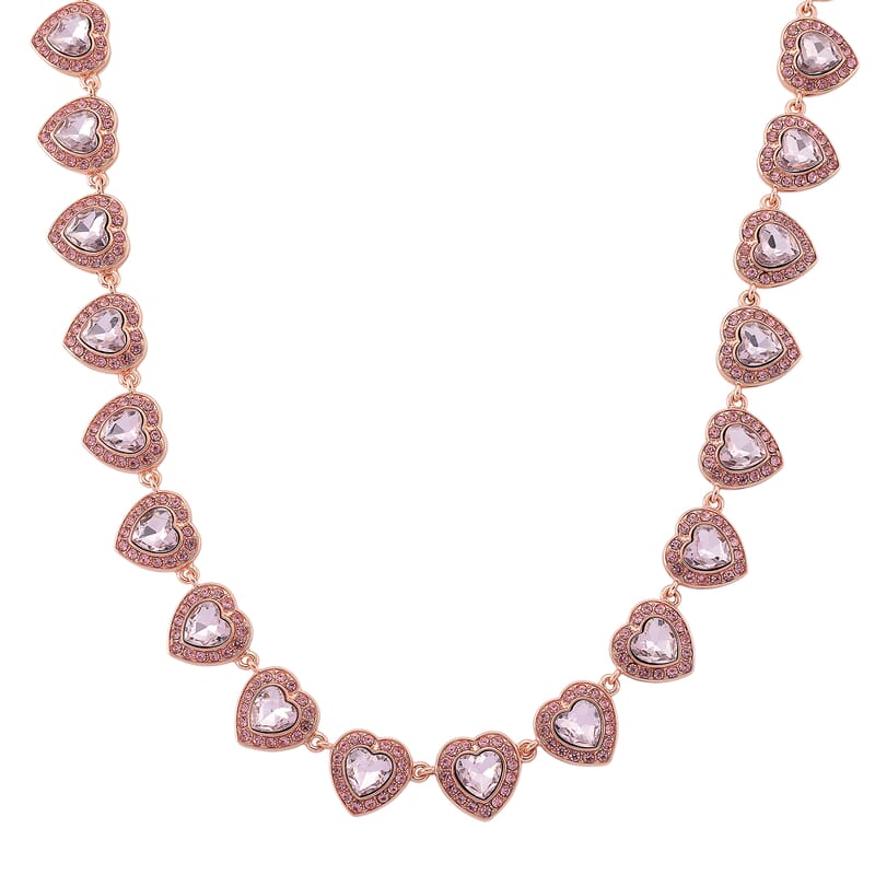 Pink Austrian Crystal and Pink Glass Heart Link Necklace (20 Inches) in Rosetone