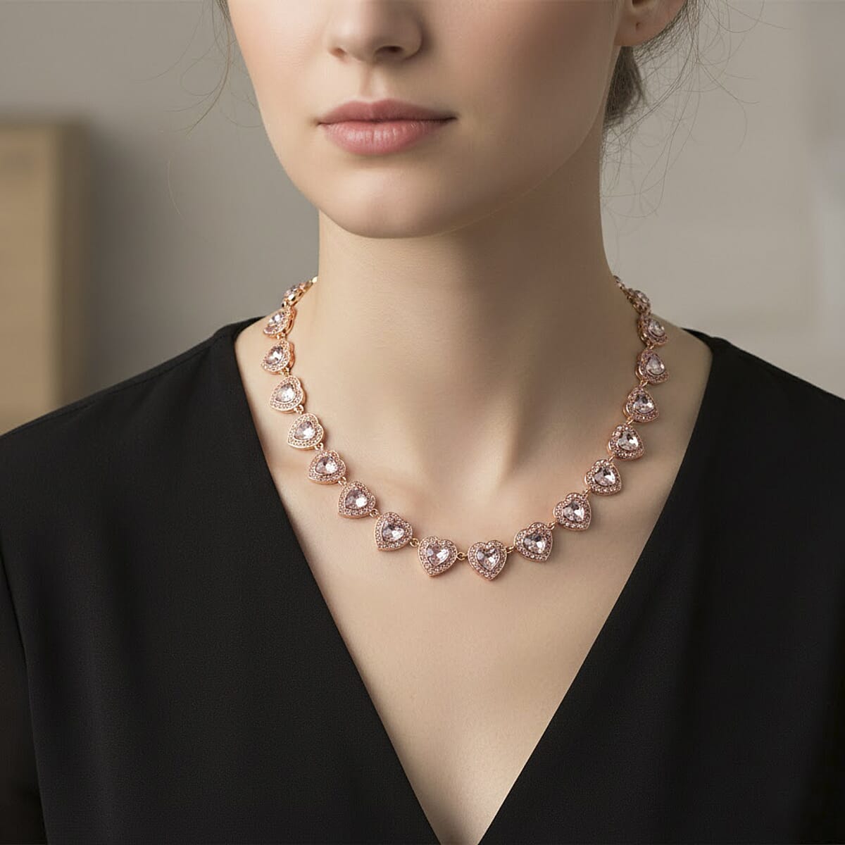 Pink Austrian Crystal and Pink Glass Heart Link Necklace (20 Inches) in Rosetone image number 2