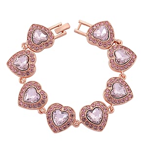 PInk Austrian Crystal and Pink Glass Heart Link Bracelet in Rosetone (7.75 In)