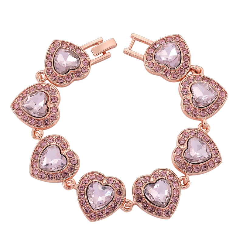 PInk Austrian Crystal and Pink Glass Heart Link Bracelet in Rosetone (7.75 In)