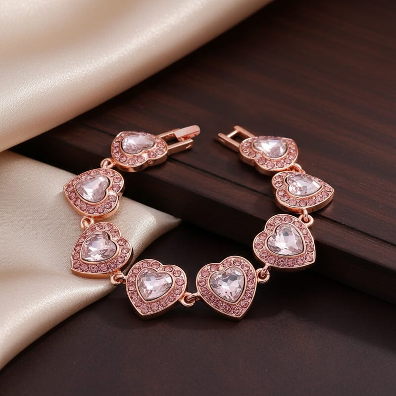 PInk Austrian Crystal and Pink Glass Heart Link Bracelet in Rosetone (7.75 In)