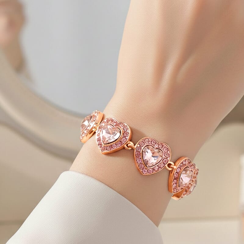 PInk Austrian Crystal and Pink Glass Heart Link Bracelet in Rosetone (7.75 In)