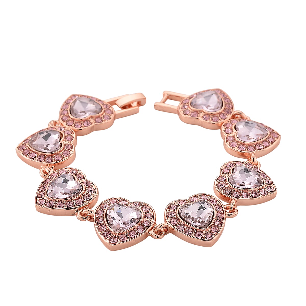PInk Austrian Crystal and Pink Glass Heart Link Bracelet in Rosetone (7.75 In) image number 3