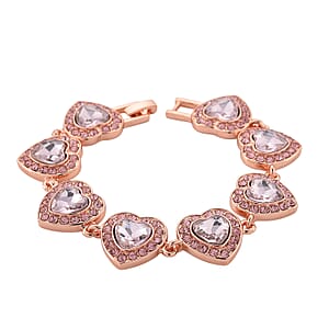 PInk Austrian Crystal and Pink Glass Heart Link Bracelet in Rosetone (7.75 In)