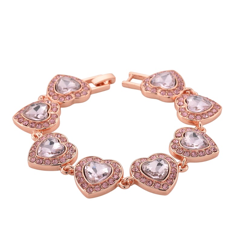PInk Austrian Crystal and Pink Glass Heart Link Bracelet in Rosetone (7.75 In)