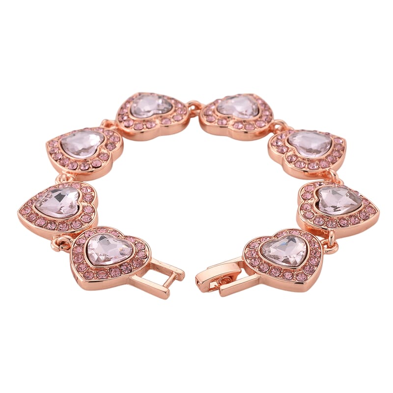 PInk Austrian Crystal and Pink Glass Heart Link Bracelet in Rosetone (7.75 In)