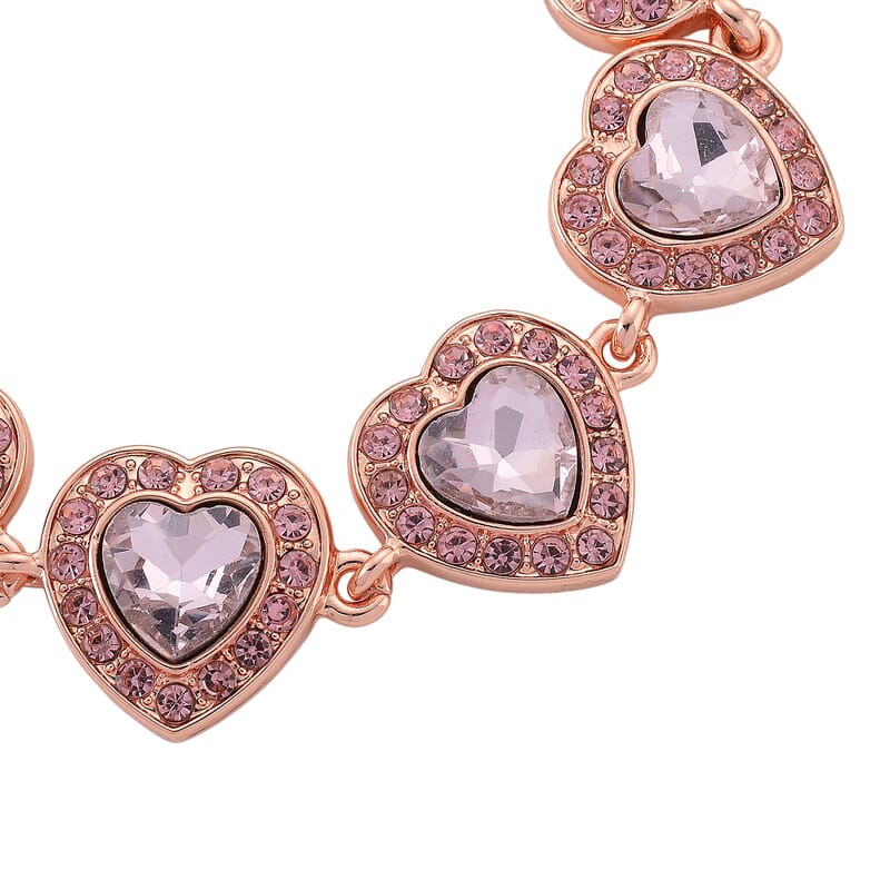PInk Austrian Crystal and Pink Glass Heart Link Bracelet in Rosetone (7.75 In)
