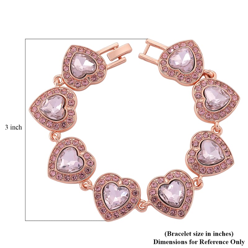 PInk Austrian Crystal and Pink Glass Heart Link Bracelet in Rosetone (7.75 In)
