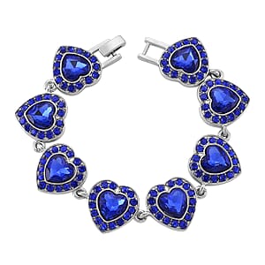 Blue Austrian Crystal and Blue Glass Heart Link Bracelet in Silvertone (7.75 In)