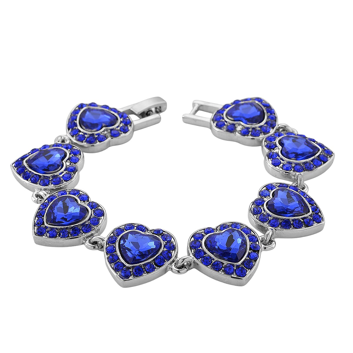 Blue Austrian Crystal and Blue Glass Heart Link Bracelet in Silvertone (7.75 In) image number 3