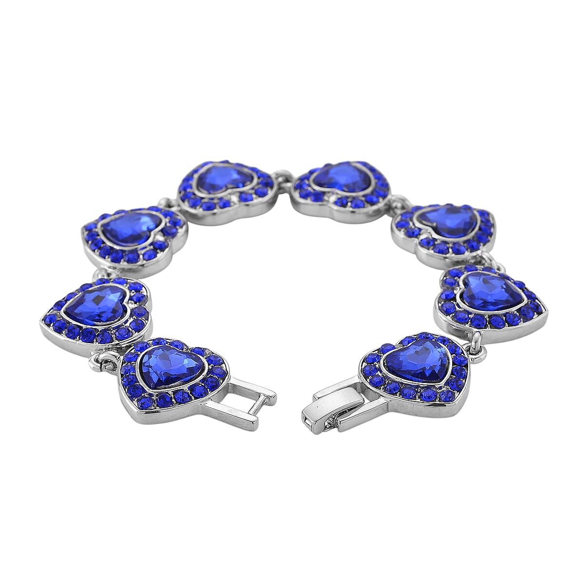 Blue Austrian Crystal and Blue Glass Heart Link Bracelet in Silvertone (7.75 In) image number 4