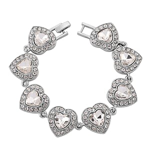 Austrian Crystal and White Glass Heart Link Bracelet in Silvertone (7.75 In)