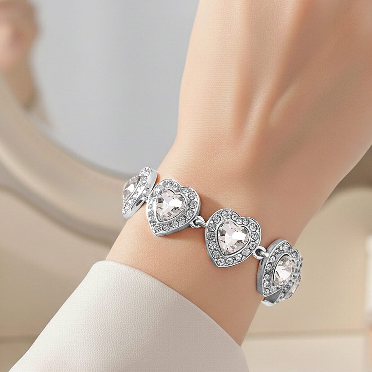 Austrian Crystal and White Glass Heart Link Bracelet in Silvertone (7.75 In) image number 2