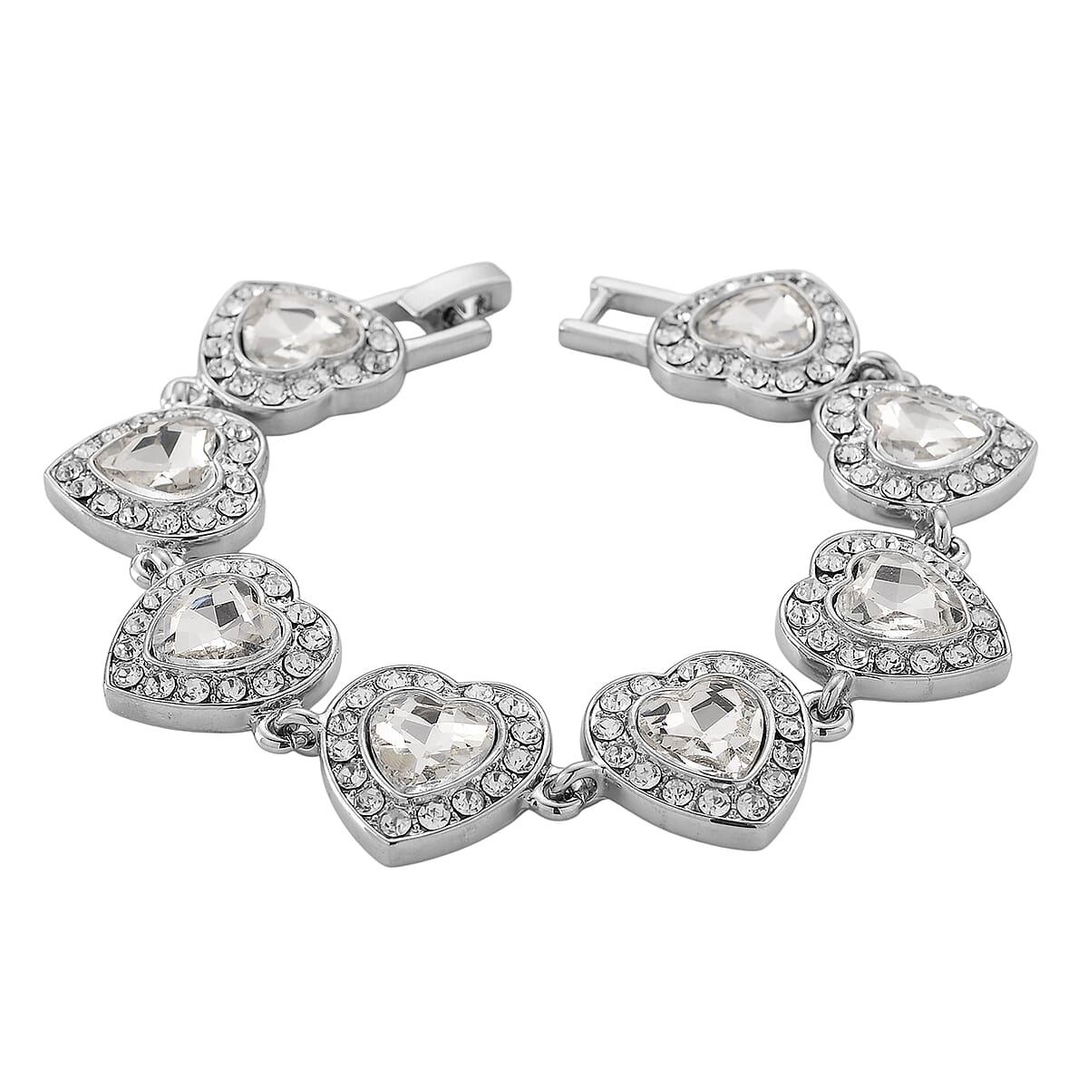 Austrian Crystal and White Glass Heart Link Bracelet in Silvertone (7.75 In) image number 3