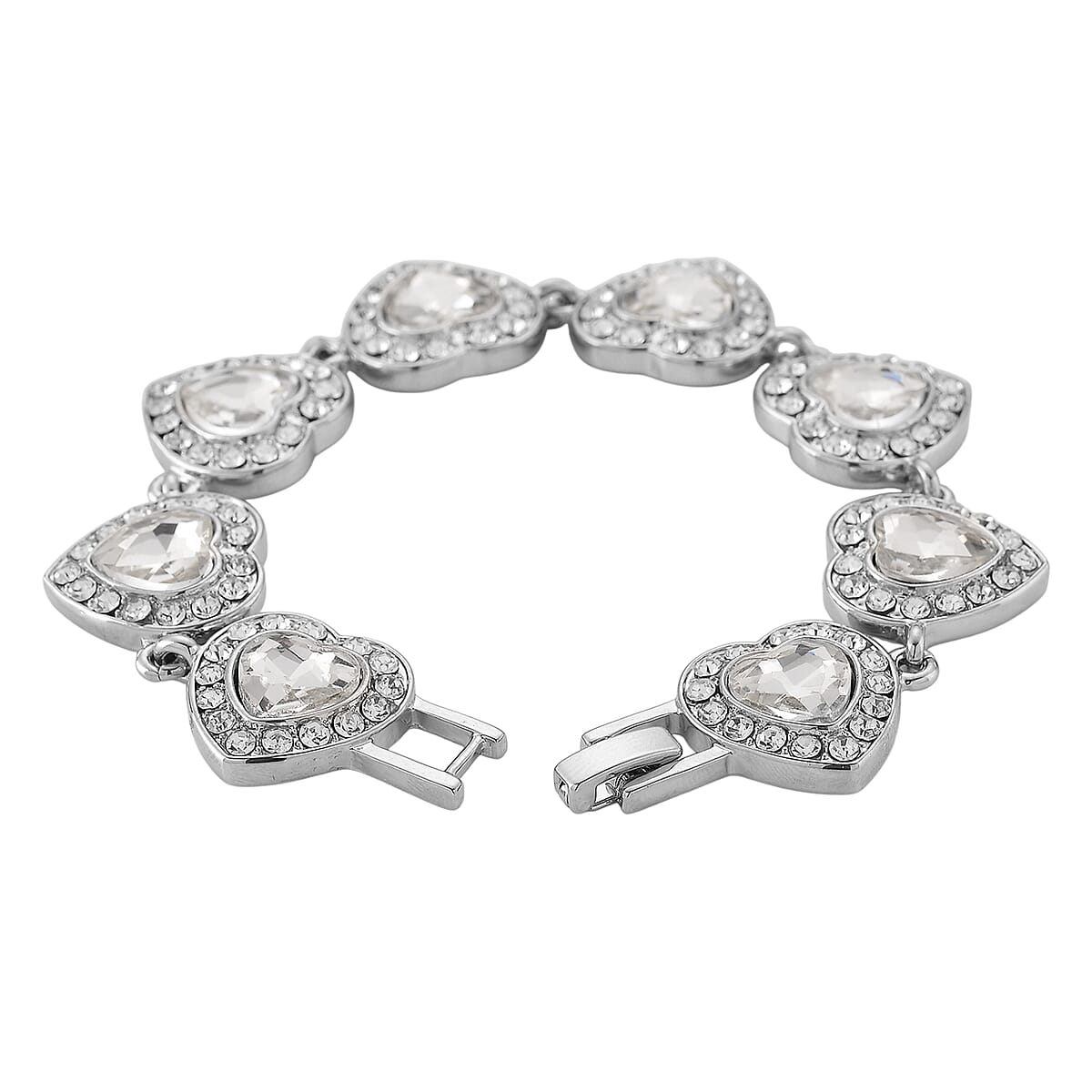 Austrian Crystal and White Glass Heart Link Bracelet in Silvertone (7.75 In) image number 4