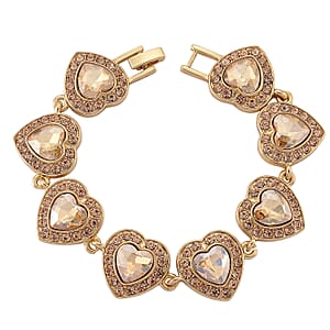 Champagne Austrian Crystal and Champagne Glass Heart Link Bracelet in Goldtone (7.75 In)