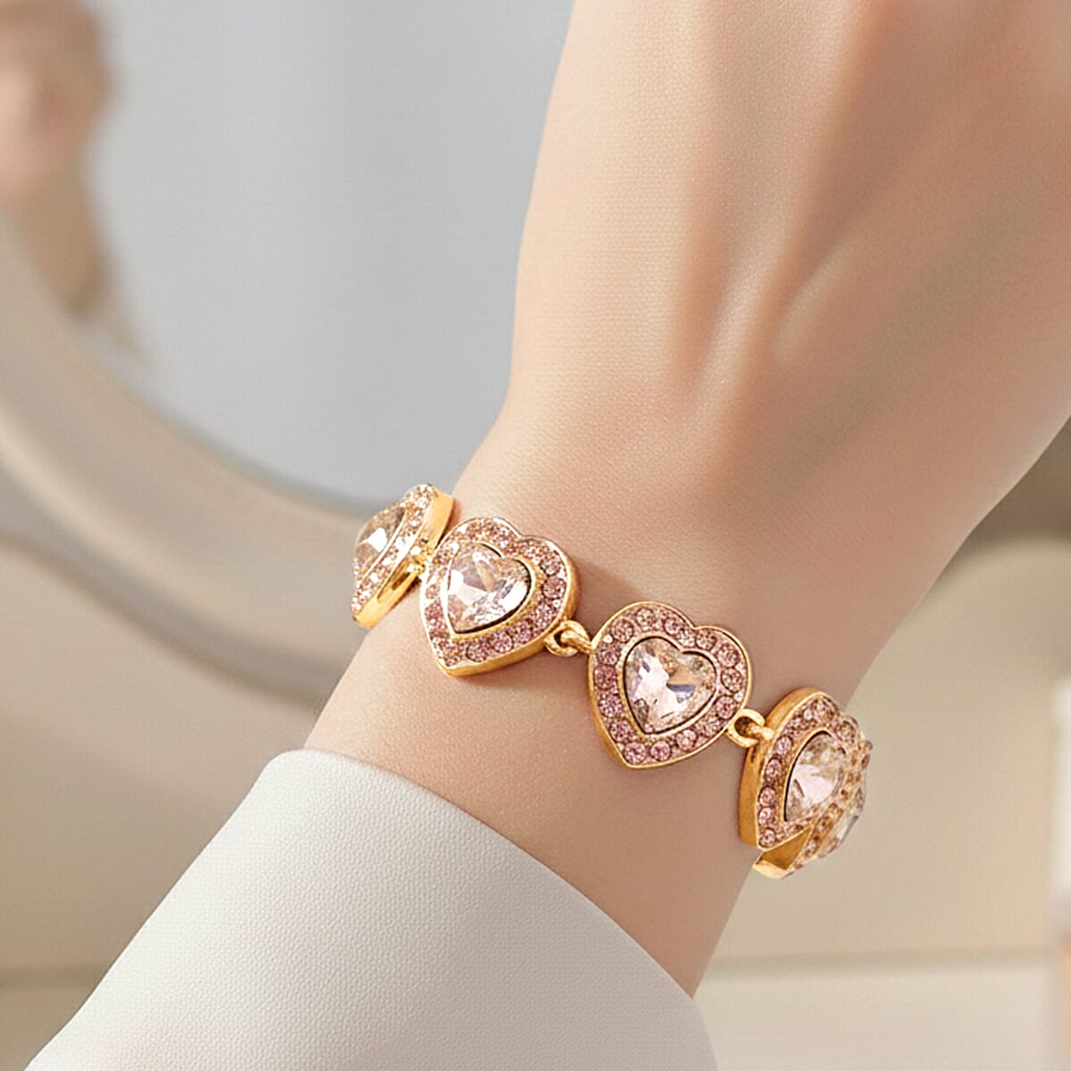 Champagne Austrian Crystal and Champagne Glass Heart Link Bracelet in Goldtone (7.75 In) image number 2