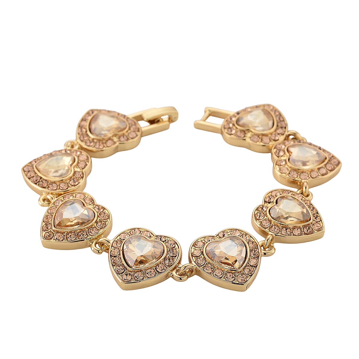 Champagne Austrian Crystal and Champagne Glass Heart Link Bracelet in Goldtone (7.75 In) image number 3