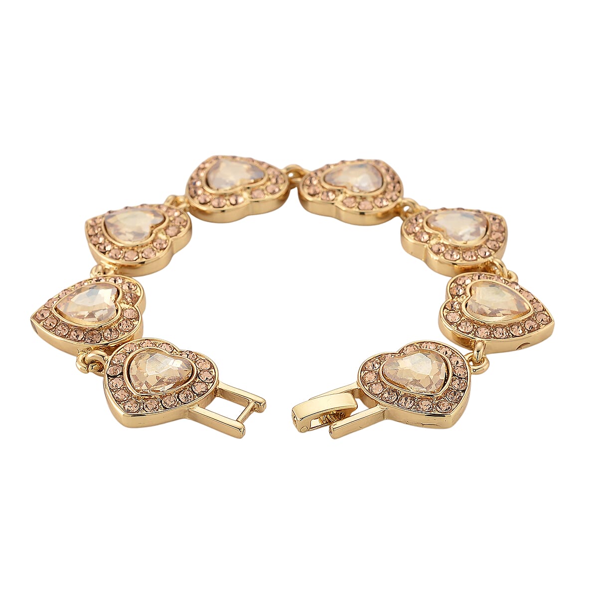 Champagne Austrian Crystal and Champagne Glass Heart Link Bracelet in Goldtone (7.75 In) image number 4