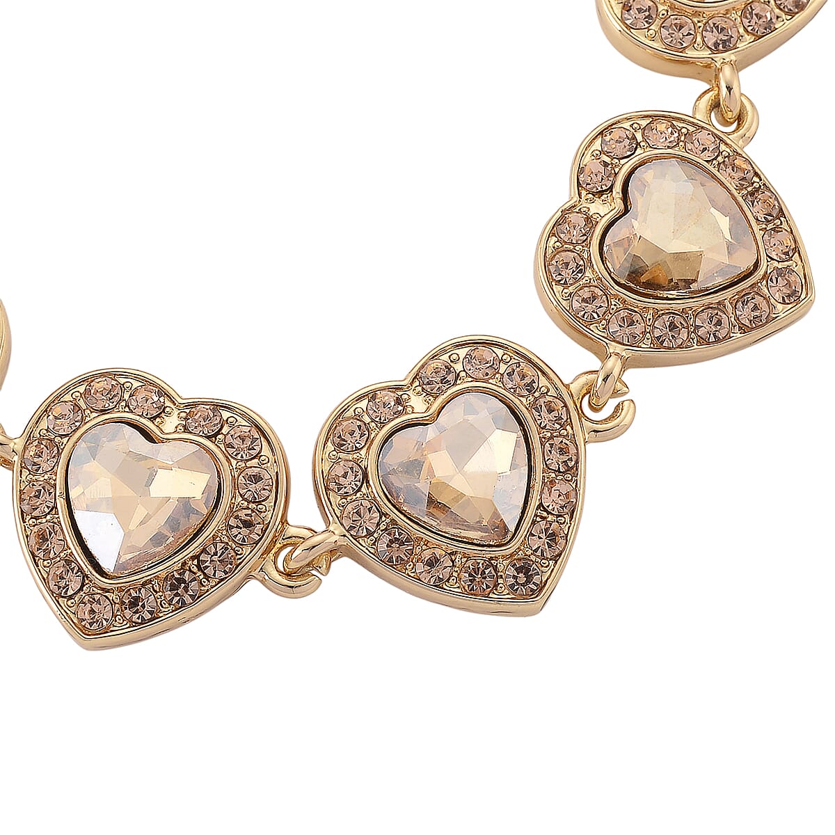 Champagne Austrian Crystal and Champagne Glass Heart Link Bracelet in Goldtone (7.75 In) image number 5