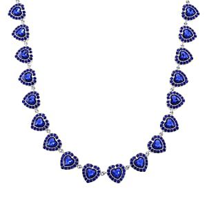 Blue Austrian Crystal and Blue Glass Heart Link Necklace (20 Inches) in Silvertone