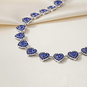 Blue Austrian Crystal and Blue Glass Heart Link Necklace (20 Inches) in Silvertone