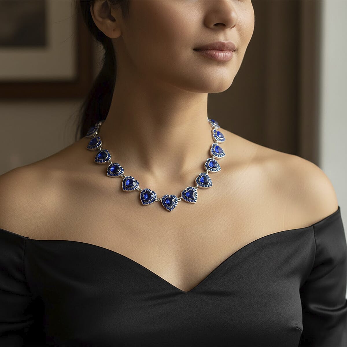 Blue Austrian Crystal and Blue Glass Heart Link Necklace (20 Inches) in Silvertone image number 2