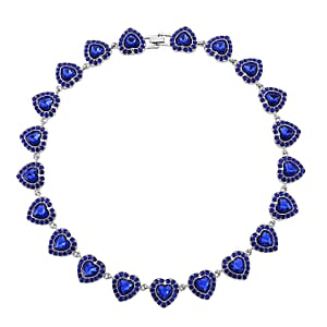 Blue Austrian Crystal and Blue Glass Heart Link Necklace (20 Inches) in Silvertone