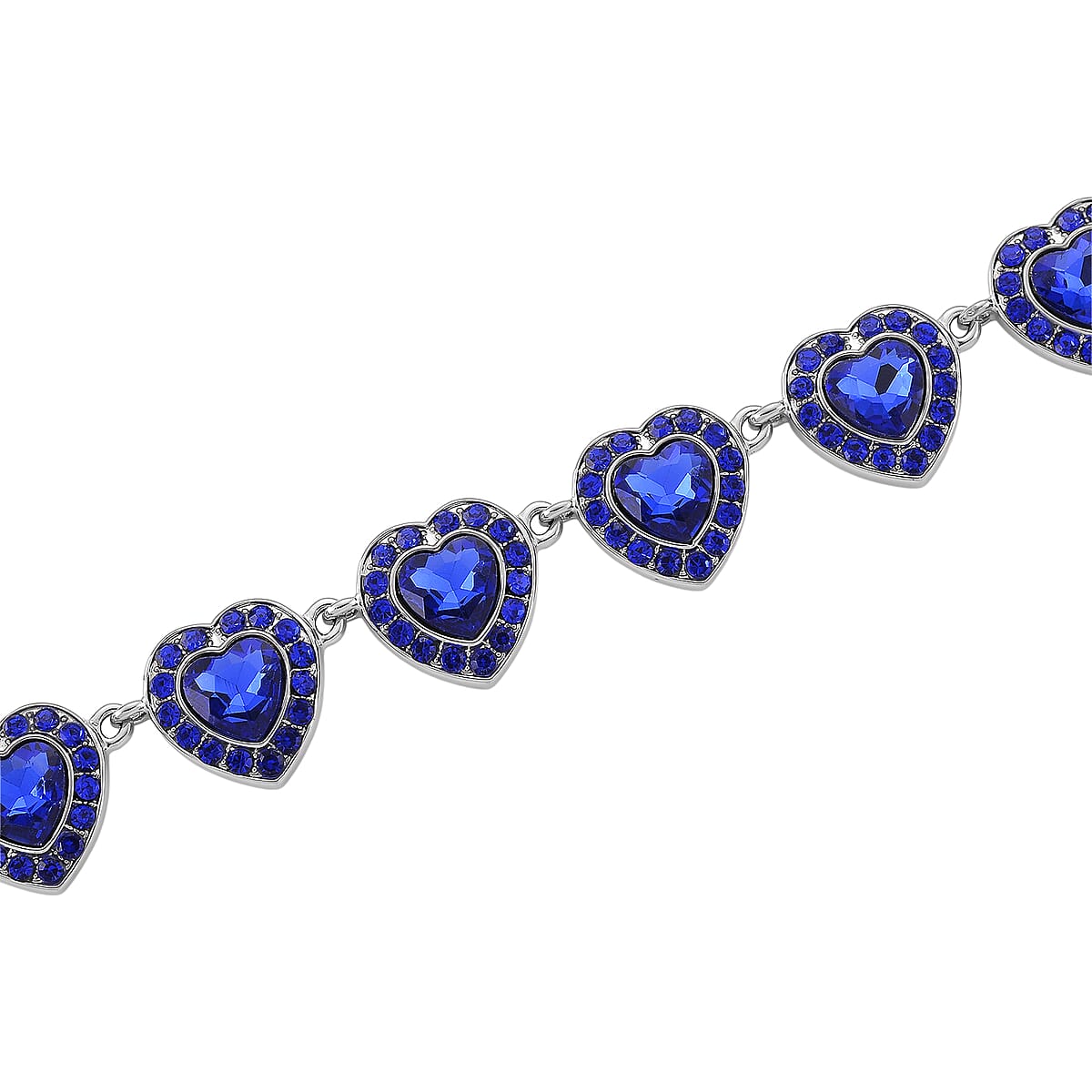 Blue Austrian Crystal and Blue Glass Heart Link Necklace (20 Inches) in Silvertone image number 4
