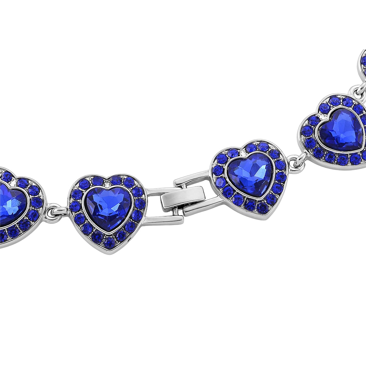 Blue Austrian Crystal and Blue Glass Heart Link Necklace (20 Inches) in Silvertone image number 5