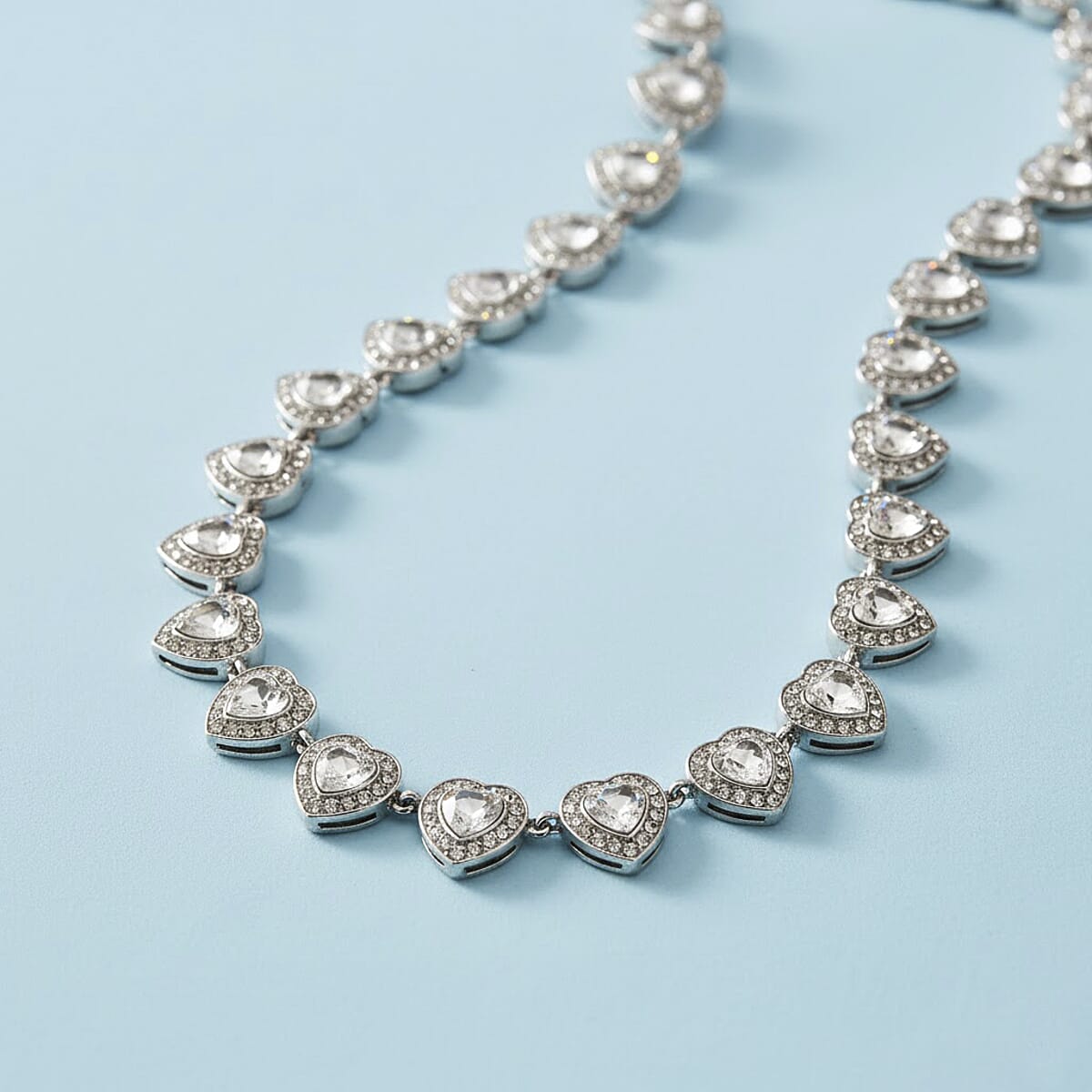 Austrian Crystal and White Glass Heart Link Necklace (20 Inches) in Silvertone image number 1