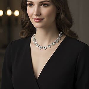 Austrian Crystal and White Glass Heart Link Necklace (20 Inches) in Silvertone