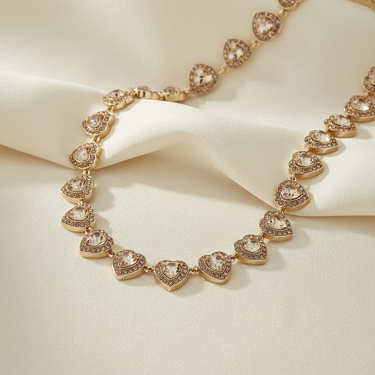 Champagne Austrian Crystal and Champagne Glass Heart Link Necklace (20 Inches) in Goldtone image number 1