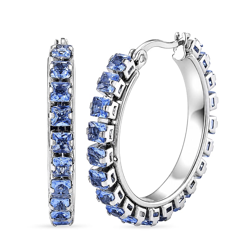 Blue Austrian Crystal Hoop Earrings in Stainless Steel