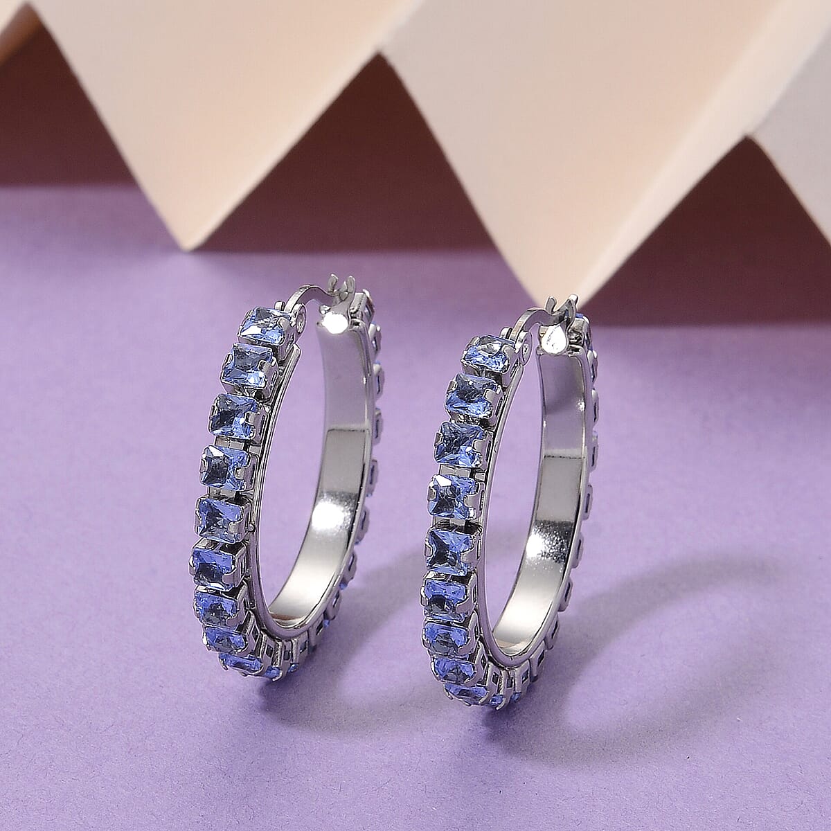 Blue Austrian Crystal Hoop Earrings in Stainless Steel image number 1
