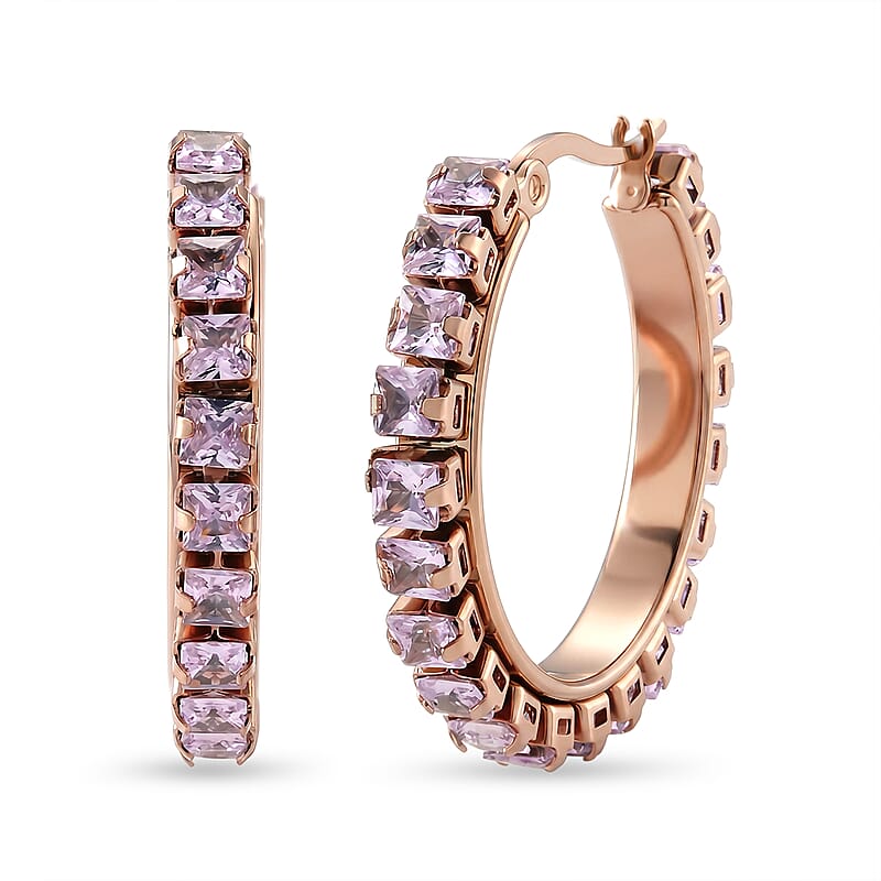 Pink Austrian Crystal Hoop Earrings in ION Plated RG Stainless Steel