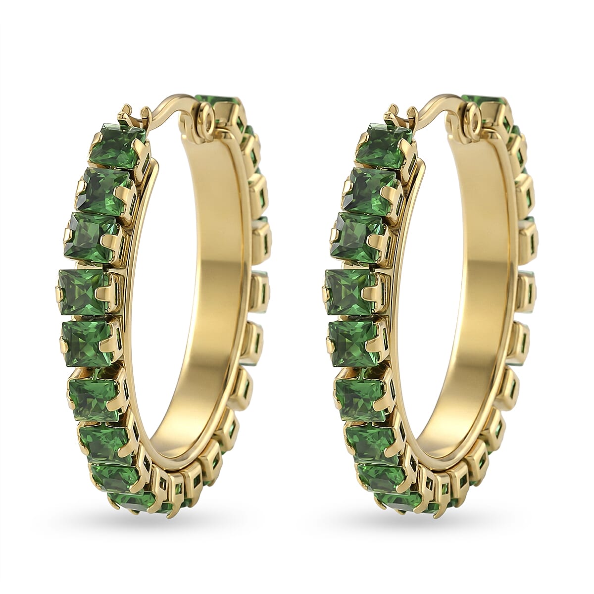 Green Austrian Crystal Hoop Earrings in ION Plated YG Stainless Steel image number 4