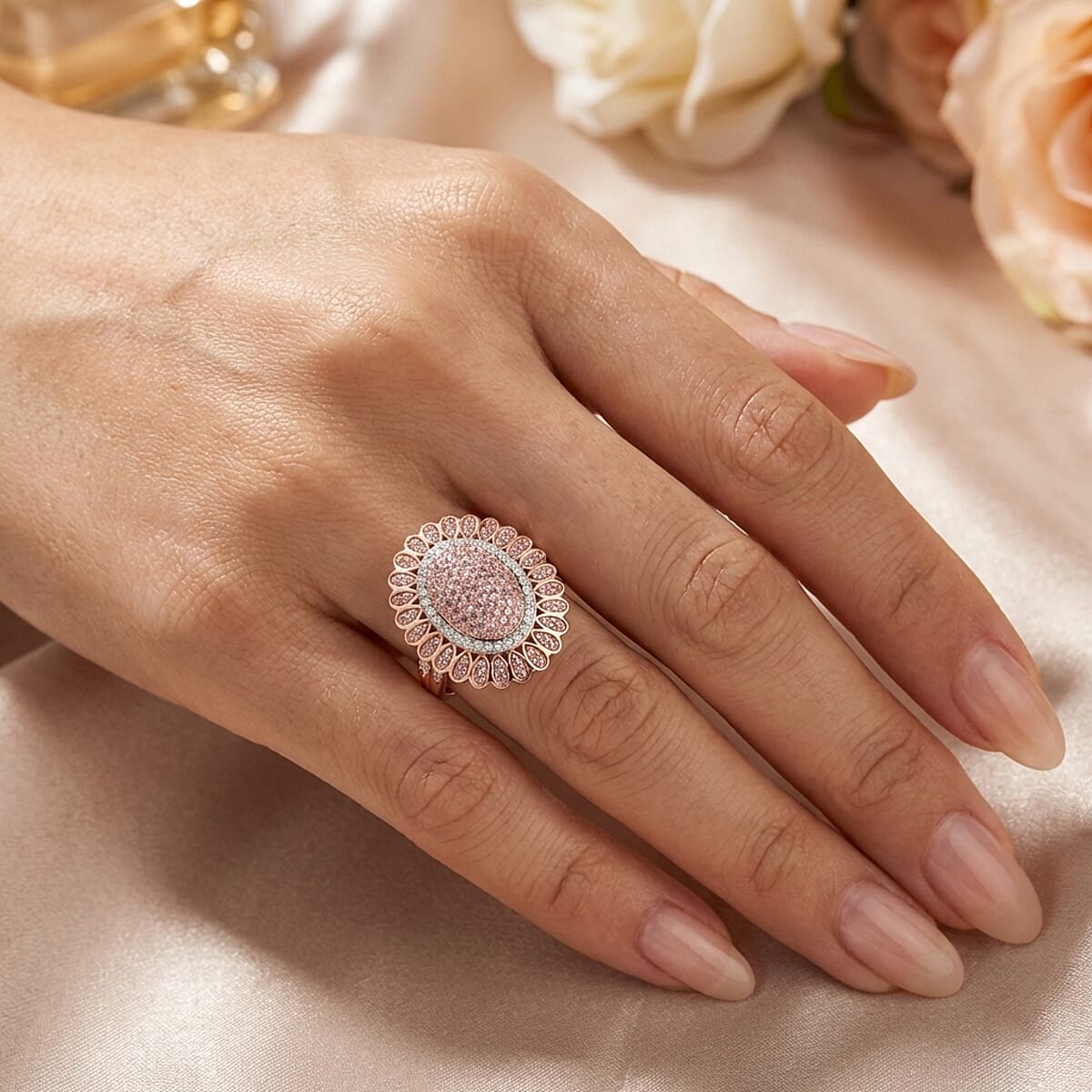 D'Joy Natural Pink and White Diamond I3 1.00 ctw Petal Crown Ring in 18K Vermeil Rose Gold Over Sterling Silver (Size 10.0) image number 2