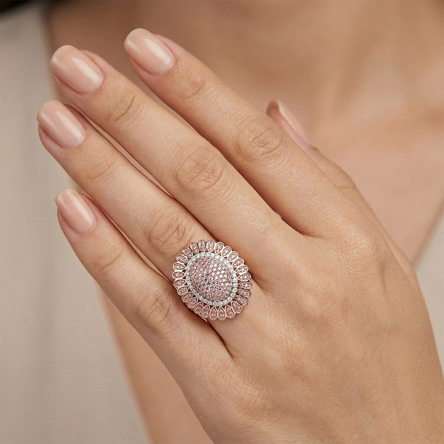 D'Joy Natural Pink and White Diamond I3 1.00 ctw Petal Crown Ring in 18K Vermeil Rose Gold Over Sterling Silver (Size 6.0)