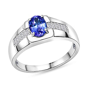 D'Joy Premium Tanzanite and White Zircon 1.15 ctw Men's Ring in Rhodium Over Sterling Silver (Size 12.0)