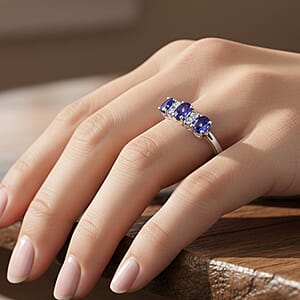 D'Joy Tanzanite and White Zircon 1.50 ctw Royal Trinity Ring in Rhodium Over Sterling Silver (Size 10.0)