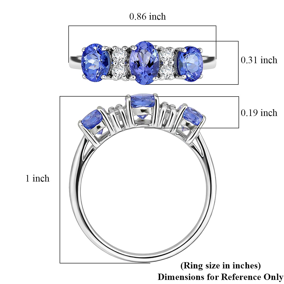 D'Joy Tanzanite and White Zircon 1.50 ctw Royal Trinity Ring in Rhodium Over Sterling Silver (Size 10.0) image number 4