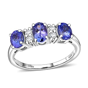 D'Joy Tanzanite and White Zircon 1.50 ctw Royal Trinity Ring in Rhodium Over Sterling Silver (Size 5.0)